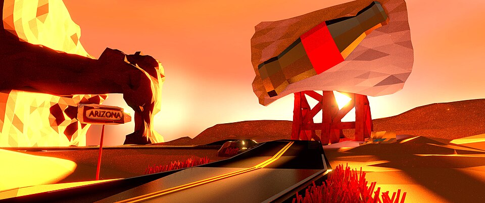 Low-poly desert highway at sunset with mesa rocks and a road sign