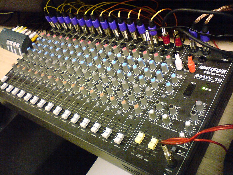 Close-up of a large audio mixing console