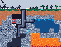 Pixel-art side-on mine with ore veins, water and lava