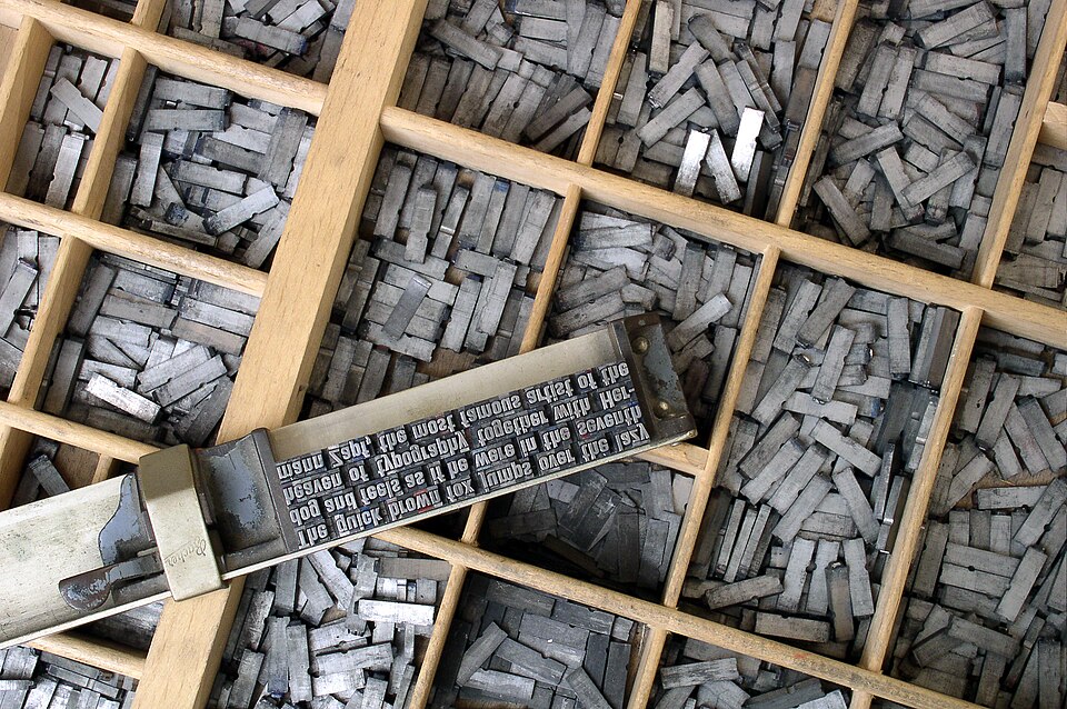 Metal movable type letterpress sorts arranged in a case