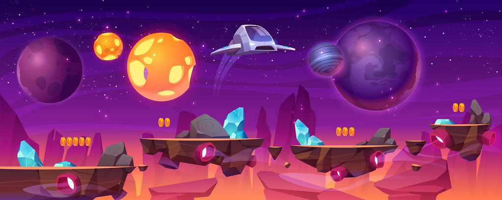 Cartoon space platformer scene with floating rock platforms, crystals and planets